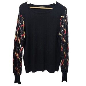 Joseph A. Sequin Mixed Media Sweater Black Balloon Sleeve Stretch Knit Womens L